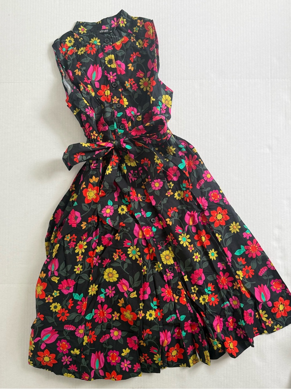 eshakti Black Floral Midi Dress with Pink & Yellow Flowers
